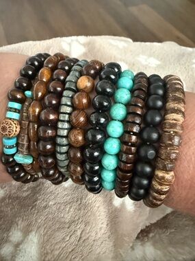 Turquoise & Wood Bead Stretch Bracelet Set - Women